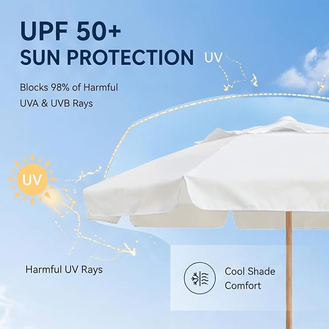 AMMSUN 7.8ft Outdoor Patio Umbrella, Boho Beach & Market Umbrella with UPF 50+ Water-Resistant Canvas, Ash Wood Pole, Air Vent and Carry Bag for Patios, Gardens, Decks and Poolside (Arctic White)