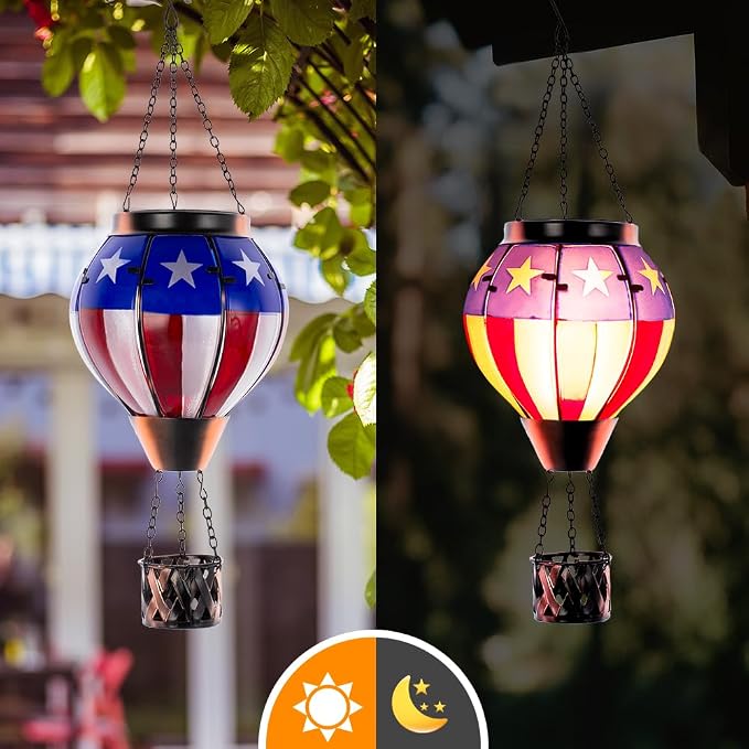 Hot Air Balloon Outdoor Lantern with Flickering Flame, Handmade Glass Solar Lantern with Flag Pattern Waterproof Lantern Lamp for Patio, Garden, Porch | Handmade Glass Outdoor Lantern, Flickering Flame, Waterproof Lantern Lamp for Patio, Garden, Porch,...