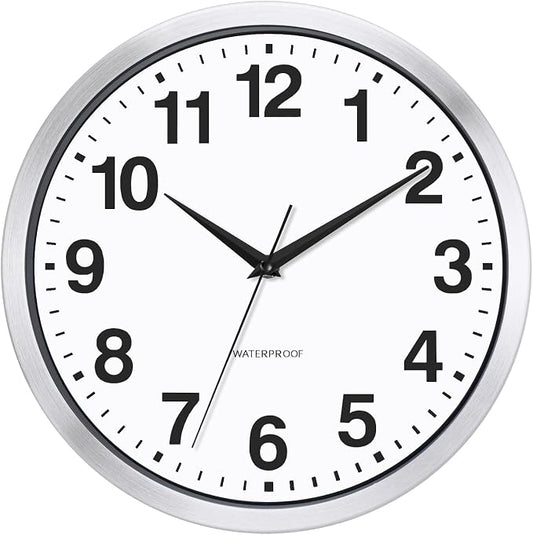 Caysie 12 Inch Sealed Indoor Outdoor Clocks Waterproof, Silent Battery Operated Quartz Metal Wall Clock for Patio Pool Bathroom Home (Silver)