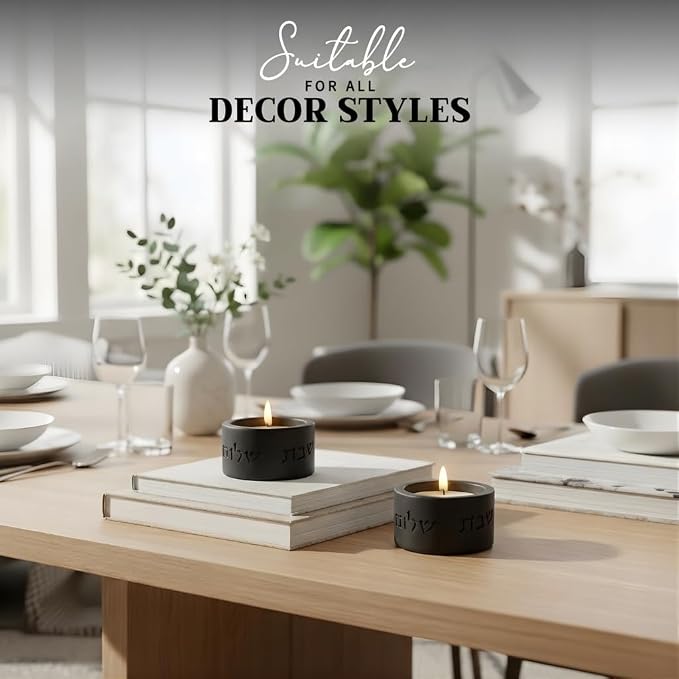 SURI Concrete Shabbat Candle Holders in Black | Jewish Judaica Gift Set with Modern Shabbat Candle Holders | Tall & Short, Ideal Shabbat Set for Tea Lights (Tealights not Included)