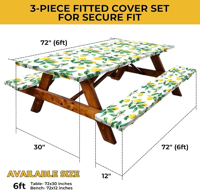 RNOONY 6ft Polyester Picnic Table Cover with Bench Covers Windproof & Waterproof Tablecloth, Perfect for Camping Gifts & RV Essentials, Cool Camping Gadgets, with Carrying Bag, 72x30 Inches, 4Pcs