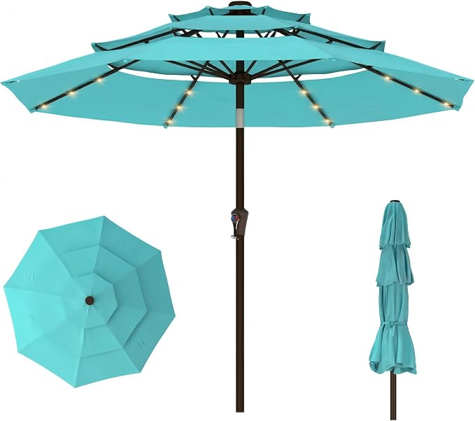 10ft 3-Tier Patio Umbrella with 32 Solar Powered LED Lights, Windproof Outdoor Market Umbrella for Deck, Poolside & Garden, Sturdy Push-Button Tilt Table Umbrella, Aqua Blue