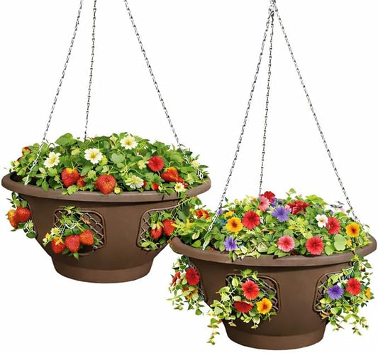 Ultimate Hanging Baskets - Strawberry, Tomato, Flower, and Herb Outdoor Planters - Use Garden Pots for Growing Plants Outside On A Deck, Fence, or Balcony (Mocha 2pk)