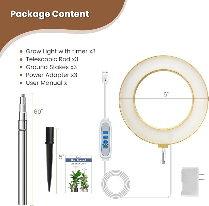 Aokrean 6.3in Plant Lights for Indoor Growing, Full Spectrum Faux Wood Grain Grow Light, 80 LED Growing Lamp with Height Adjustable 10"-65", 6/12/16H Timer, 3 Optional Spectrums, 5 Brightness, 3 Pack