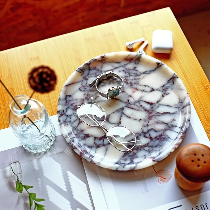 DUANYAN Natural Marble Tray, Coffee Table, Food, Fruit, Paper Cup, Cake Display, Coffee bar, Family Gatherings, Seasonal Holiday Decoration Tray(Viola-circular-9.8"x9.8"x0.7")