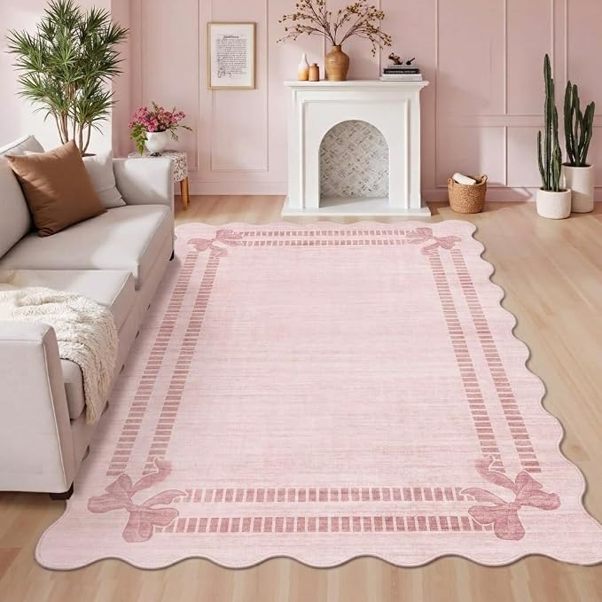 Latte&Fog Girls Bedroom 5x7 Pink Rug, Scalloped Bow Area Rugs Living Room | Non Slip Low Pile Soft Floral Cute Carpet for Dining Kitchen Kids Playroom Nursery Guest Room Classroom Dorm Farmhouse Office