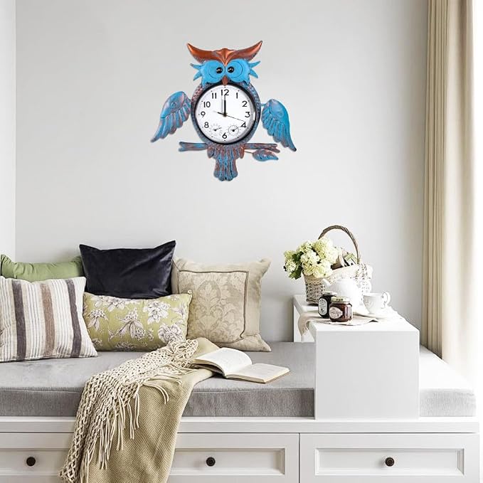 Outdoor Clock Silent Non-Ticking, Outdoor Wall Clocks with Thermometer & Humidity, Quartz Clocks Waterproof Decor for Patio Garden Living Room（Blue Owl）