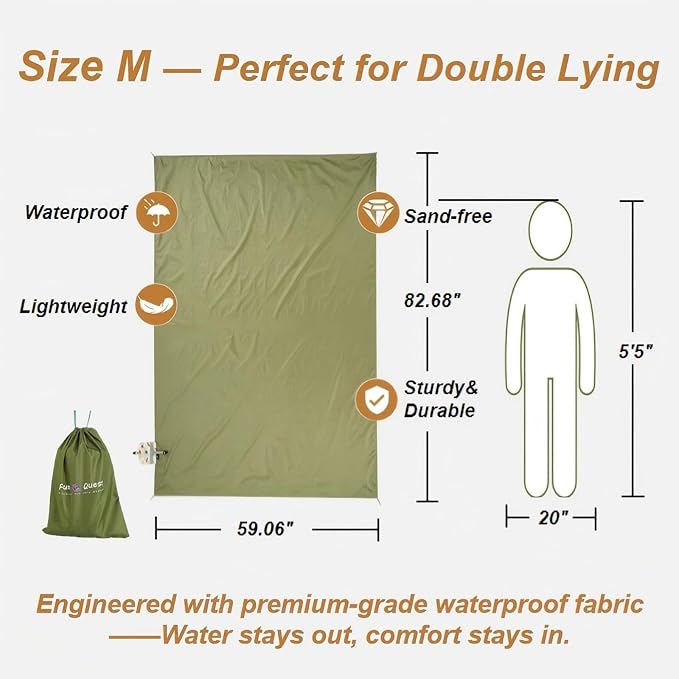 Picnic Blanket Waterproof – Packable Sand Proof Beach Blanket (0.42lb/0.66lb), Compact & Foldable, Fits in Pocket with Integrated Stakes, Ideal for Camping, Hiking, Travel, Concert, Festival