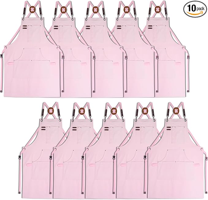 10 Pack Kitchen Apron, Work Apron, Canvas Apron, Pink | Multiple Pockets, Gardening, Painting, BBQ, Artist, Carpenter, Sizes M to XXL