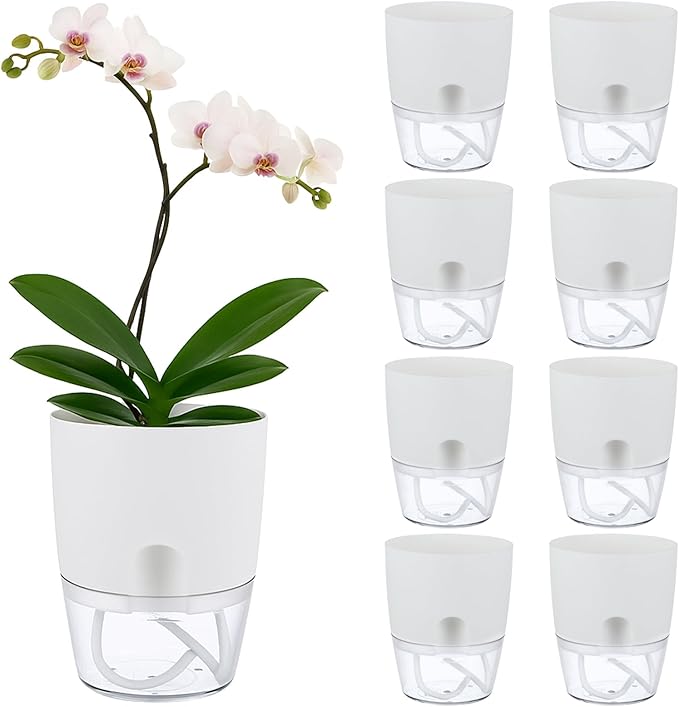Planterhoma 8 Pack Self Watering Pots for Indoor Plants, 6 Inch Plant Pot Plastic Self Watering Planter for Orchid, African Violet, Small Clear Flower Pots with Drainage Holes and Wicking Rope, White