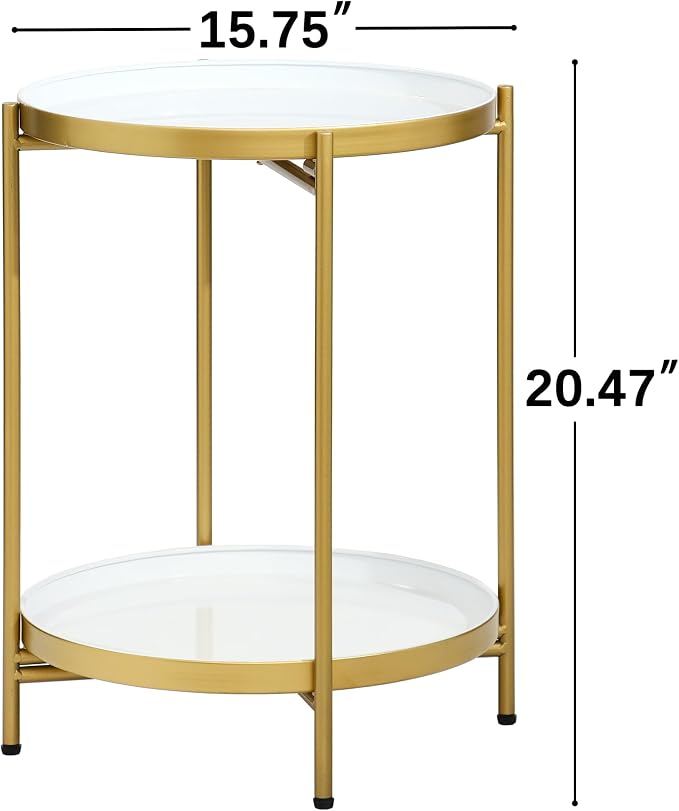 2-Tier Round End Side Table, Small Metal Side Table with Removable Tray, Folding Accent Tables for Living Room, Balcony, Nightstand for Bedroom, Outdoor Tables for Patio, Gold&White