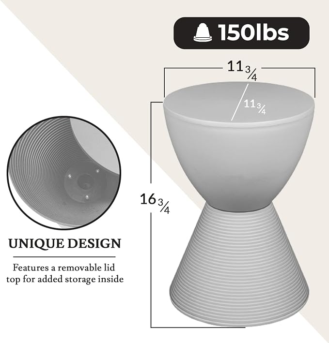 LeisureMod Side Table Modern ABS Ribbed Hourglass End Table Compact Accent Drum Table with Removable Lid for Storage Indoor and Outdoor Use 16.75" H x 11.75" W x 11.75" D Boyd Series in Light Grey