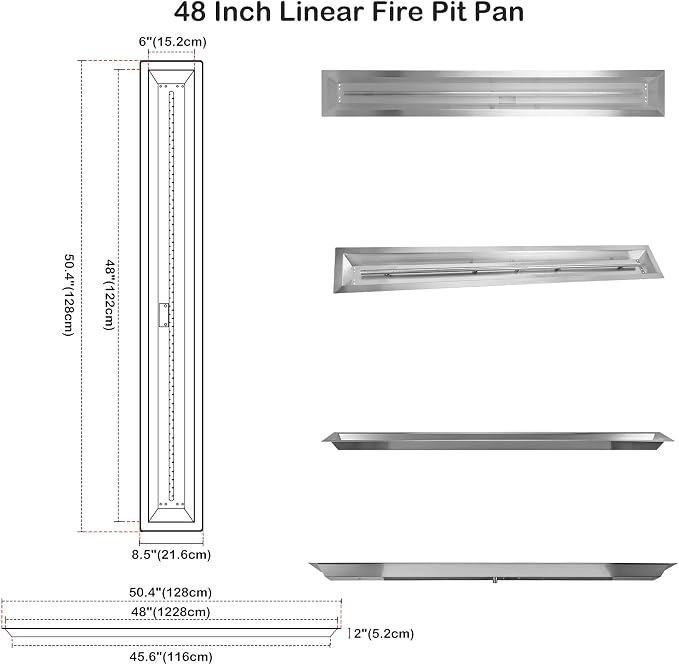 Stanbroil 48 x 6 Inch Stainless Steel Fire Pit Kits with Spark Ignition, Propane Gas Firepit Insert for Outdoor DIY Firepit Project - Propane Gas Version