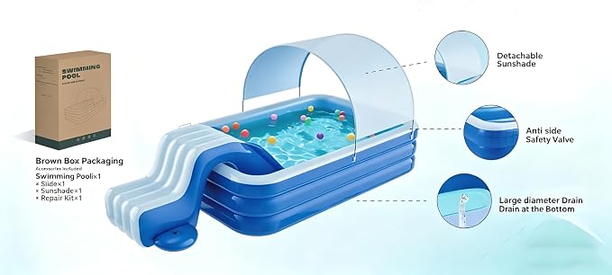 10 FT Inflatable Pool with Water Slide & UV Sun Canopy, 119x68x20 Inch Large Family Blow Up Pool for Kids, Adults & Pets, Heavy Duty PVC for Backyard Summer Water Party