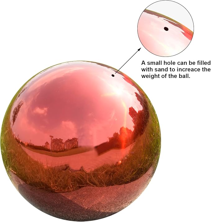 Gazing Ball Garden Mirror Outdoor - 12 Inch Outside Decorative Globe, Red | Metal Polished Reflective Sphere, Stainless Steel Hollow Decoration Ornament for Home Pond Swimming Pool Housewarming Gift