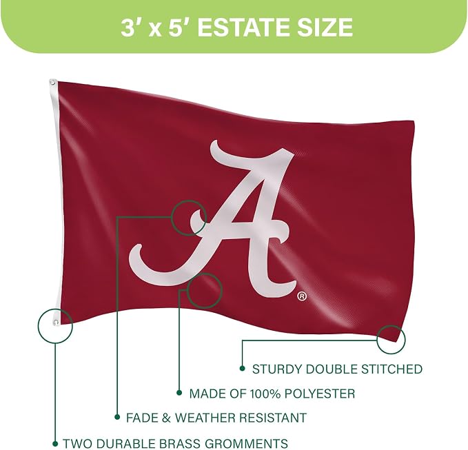 NCAA University of Alabama Flag with Grommets, 3'x5' Alabama Crimson Tide Outdoor College Flags & Banners for Garden Patio Indoor Wall Décor