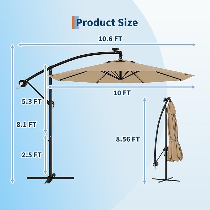 Garvee 10FT Solar Lights Offset Patio Umbrella with Cross Base, Cantilever Umbrella with Easy Lift & Tilt Adjustment, 8 Ribs Sun umbrella UV Protection for Backyard, Pool, Garden, Tan