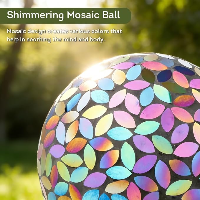 Lily's Home Colorful Mosaic Glass Gazing Ball, Designed with a Stunning Holographic Petal Mosaic Pattern to Bring Color and Reflection to Any Home and Garden, Leaves (10" Diameter)