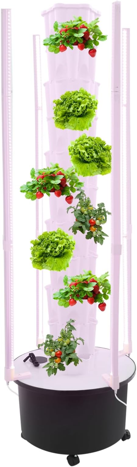 10 Tier Hydroponic Growing Tower with Led Grow Lights Water Pump, 60 Planting Pots Vertical Garden Indoor Outdoor Automatic Water Circulation System, Locking Wheels for Home, Patio, Balcony