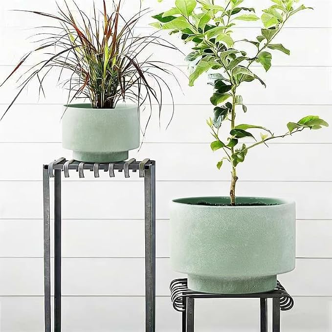 Succulent Pots, 8 Inch + 6 Inch Plant Pots for Plants with Drainage Hole, Indoor Outdoor Ceramic Planter, Set of 2 Round Flower Pots for Succulent and Plants, Green