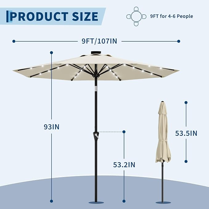 GarveeLife Patio Umbrella with Solar Lights, Outdoor Table Umbrella with 8 Durable Ribs, Tilt & Crank Mechanism, Water & UV Protection Sun Shade Umbrella for Garden, Poolside, Backyard (Beige, 9 FT)