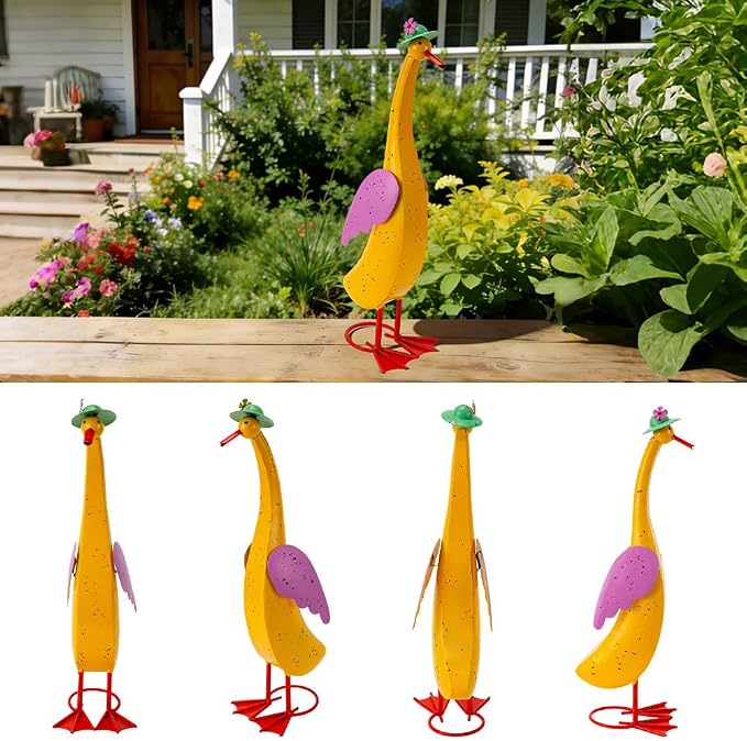 22" Duck Garden Statue Set of 2 Metal Ducks, Duck Outdoor Decor Animal Yard Art Sculptures for Patio Porch Lawn Backyard