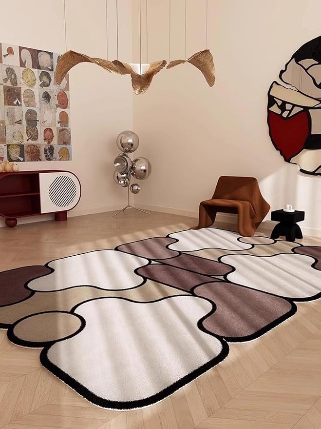Unique Splicing Geometric Pattern Funky Shaped Rug 10x14 Modern Abstract Beige Brown Khaki Faux Wool Thin Comfort Durable Rugs for Bedroom Diningroom Dorm Farmhouse Living Room Art Decor Mats