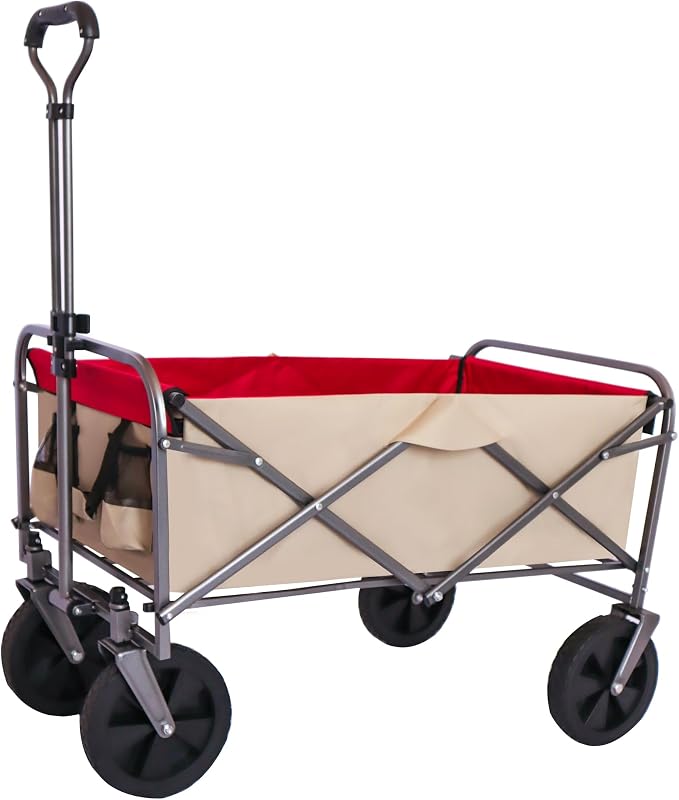 Folding Wagon Cart Beach Wagon Utility Wagon Cart Outdoor Heavy Duty Garden Portable Hand Cart with All-Terrain Wheels & Adjustable Handle (White+Red)