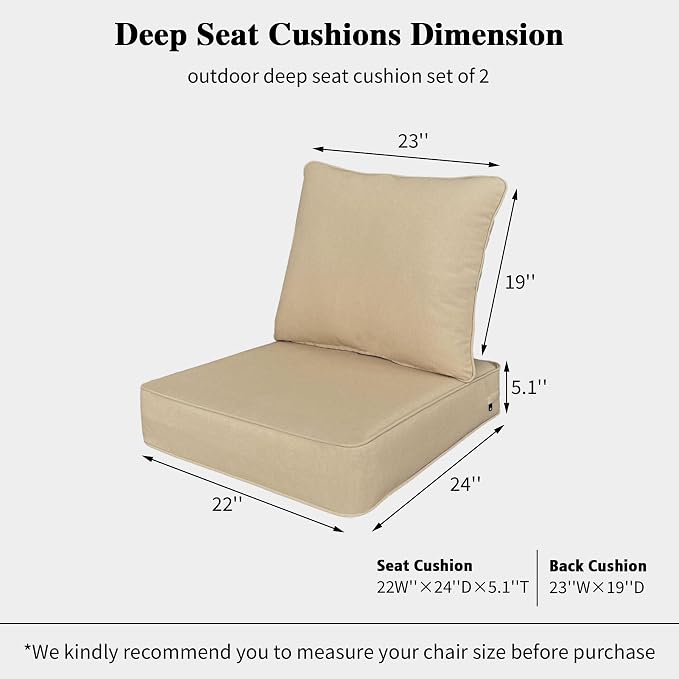 Outdoor 22"x24" Deep Seat Patio Cushion Set of 2, Outdoor Chair Cushions with Water-Resistant UV Resistant Weather Resistant Sectional Sofa Pad and Removable Covers,Beige
