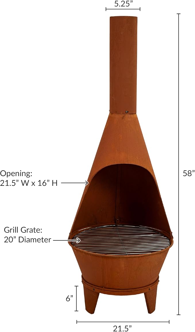 Sunnydaze Large Chiminea Outdoor Fireplace - Outdoor Wood-Burning Fireplace - Chimney Fire Pit with Grill Grate - Rustic - 58" H