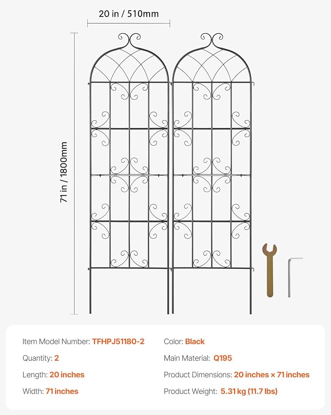 VEVOR 71 x 20 in, 2 Packs Rustproof Metal Garden Flower Trellis, Outdoor Climbing Rose & Cucumber Support, Decorative Clematis Trellis for Courtyards & Lawns