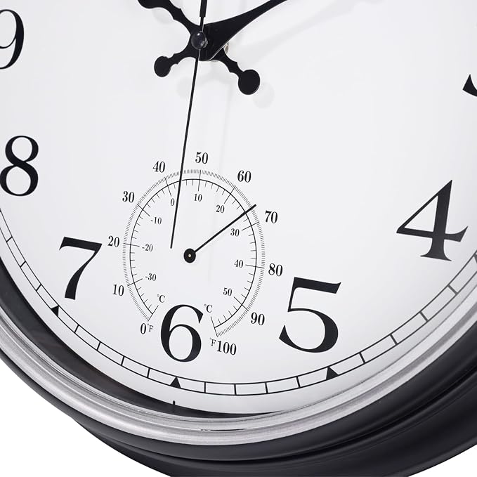 JoFomp Large Waterproof Outdoor Clock with Thermometer Combo - 16 inch Silent Non Ticking Quartz Battery Operated Wall Clock for Patio, Home, Pool, Garden, Porch, Deck (Silver, 16 Inch)
