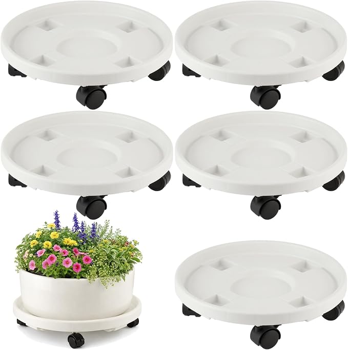 5-pack 13" Large Plant Caddy with Wheels Plastic Plant Dolly with Locking Caster Flower Pot Mover Rollers Wheeled Rolling Plant Stands Round Plant Saucer on Wheels Indoor Outdoor Base Coasters White