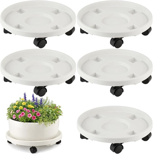 5-pack 11.8" Large Plant Caddy with Wheels Plastic Plant Dolly with Locking Caster Flower Pot Mover Rollers Wheeled Rolling Plant Stands Round Plant Saucer on Wheels Indoor Outdoor Base Coasters White