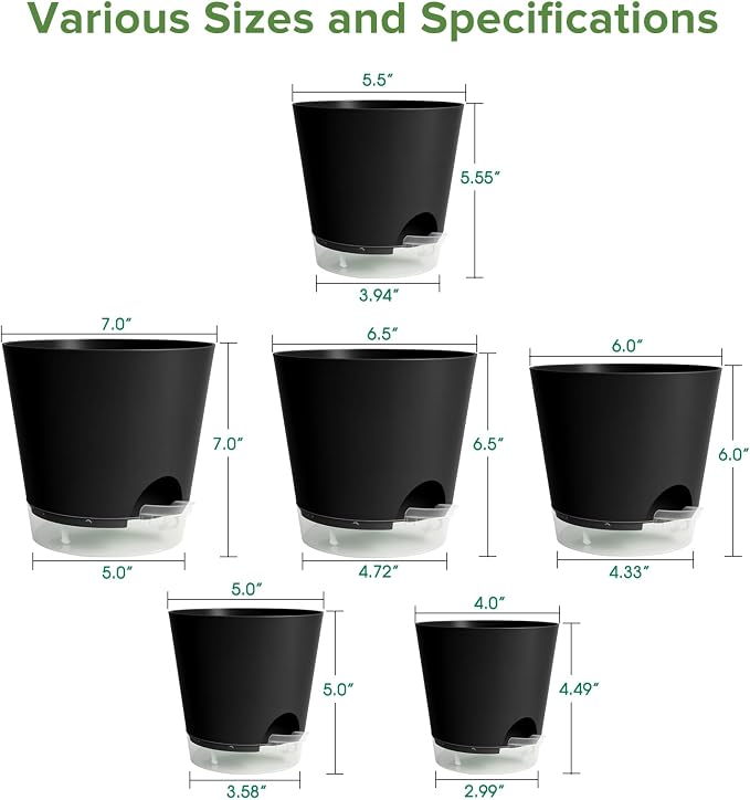 GARDIFE 2026 Upgraded Self Watering Plant Pots with Drainage Hole, 7/6.5/6/5.5/5/4 Inch Flower Planting Containers for House Plants, African Violet, Flowers, Cactus (Black, 7+6.5+6+5.5+5+4 inch)