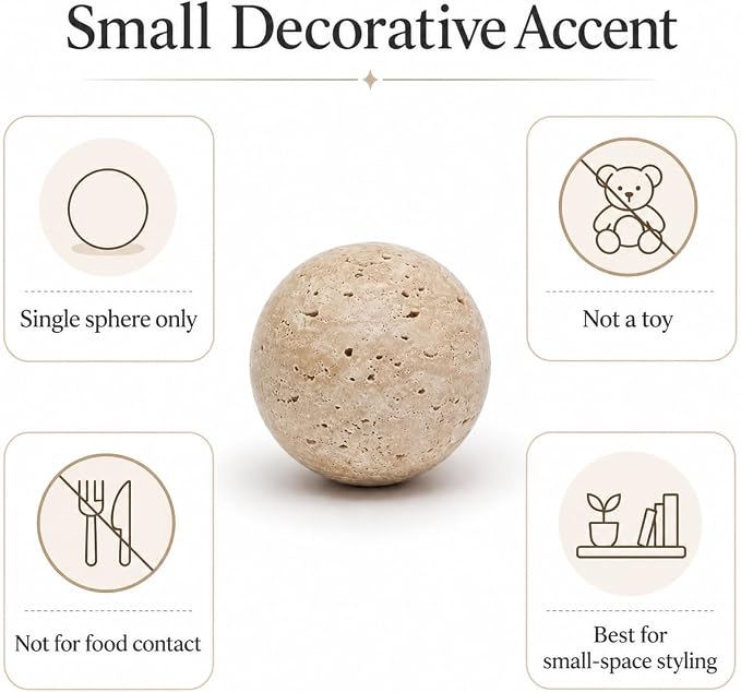 Natural Travertine Decorative Sphere, 1.18 Inch Small Stone Ball Decor, Hand-Polished Beige Orb Accent for Trays, Shelves, Dresser and Coffee Table