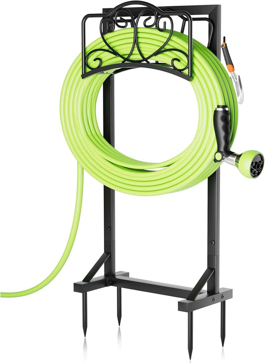 Garden Hose Holder with Tool Hooks and Stable Base, Heavy-Duty Garden Hose Storage Metal Hose Hanger Holds 160Ft, Rustproof Freestanding Water Hose Holder for Outside, Yard, Lawn, Farm, Black