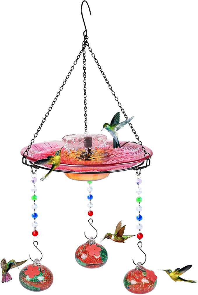 Headak Life Hummingbird Feeder Glass with Hanging Bird Bath for Outside Combo Set,12 Fluid Ounces,Solar Hummingbird Bath with Fountain (11inch),Backyard, Patio Garden Yard Decoration (Red)