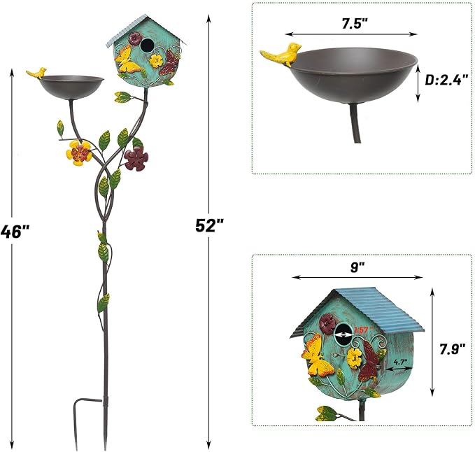 HLQMFHT 52" H Bird Baths for Outdoors,Metal Bird Bath Bowl,Birdhouses for Outdoors with Pole,Birdhouses for Outdoors,Garden Yard Decor