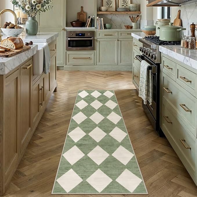Green 2x6 Washable Runner Rug Kitchen Non Slip Checkered Carpet | Soft, Low Pile, Easy Clean, Diamond Pattern for Hallway, Entryway, Laundry Room, Bathroom, Modern Indoor Decor