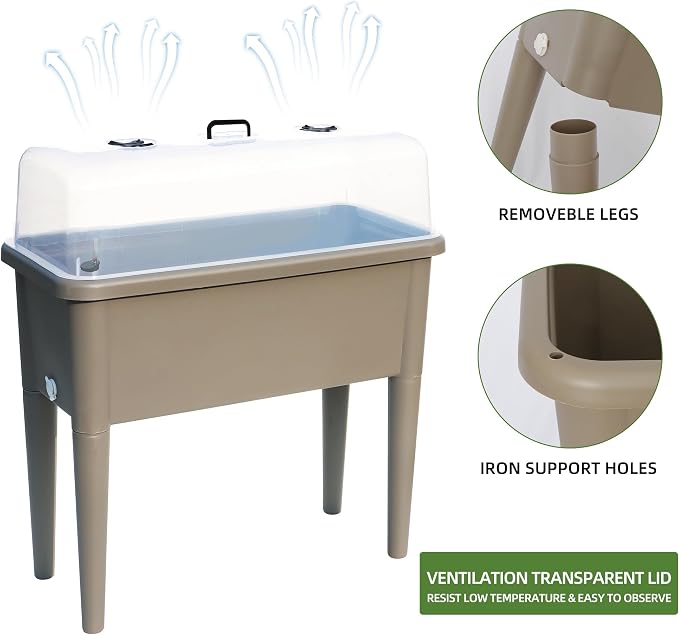 Dexceder 13.2 Gallon Self Watering Raised Garden Bed (Light Brown) | Ventilation Transparent Lid Greenhouse, Deepen Vegetable Flower Box Planter Pot with Removeble Legs & Water Level Indicator