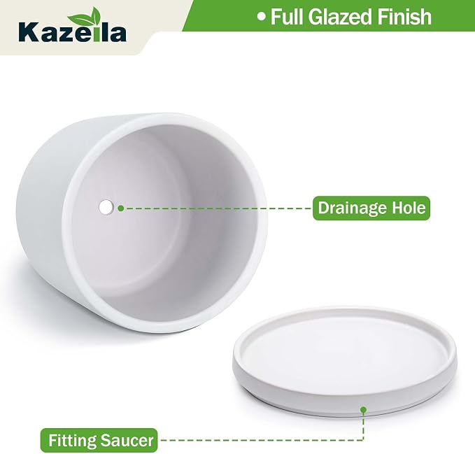 Kazeila 12 Inch Ceramic Planter Pot with Drainage Hole & Tray, Large Indoor Plant Pots, Modern Cylinder Flower Pot, Includes Mesh Net, Plug, Pads & 500g Clay Pebbles (White, 12 Inch)