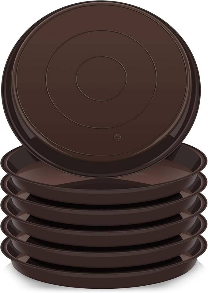 VUWEZ 6 Pack Plant Saucer Tray, 4 6 8 10 12 15 16 18 20 inch Plant Saucers for Indoors, Durable Plastic Flower Plant Water Drip Trays Round, Pot Saucers, Plant Trays for Pots (4", Brown)