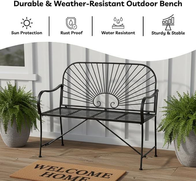 XBrand 44" L Iron Sun-Patterned Seat for Two, Patio & Porch Furniture for Park, Yard, Lawn, Balcony, Backyard – Black