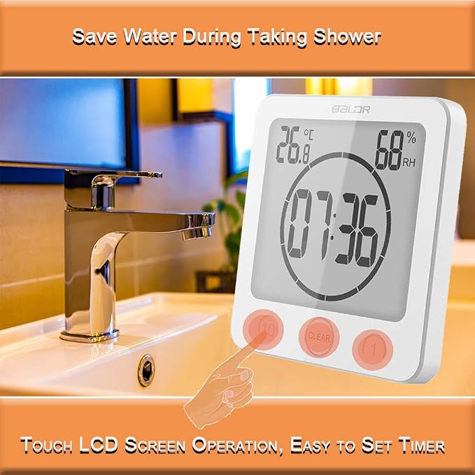 Waterproof Bathroom Wall Clock and Timer, Digital Water Resistant Hanging Timer for Shower, Large Display Kitchen Cooking Countdown Timers, Mirror Suction Clock with Temperature Humidity Meter (Pink)