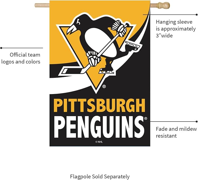 Team Sports America NHL Pittsburgh Penguins House Flag, 28 x 44, Double Sided Garden Flags for Outside, Outdoor Flags & Banners for Gardens Patio, Indoor Wall Decor Flag for Room