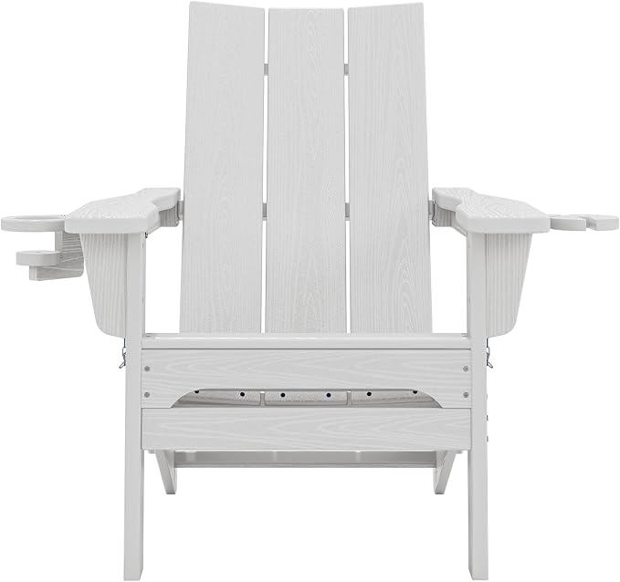 SERWALL Modern Folding Adirondack Chair Set of 4, All Weather Resistant Outdoor Adirondack Chair with Cup Holders, HDPE Adirondack Chair for Patio Lawn Garden, White