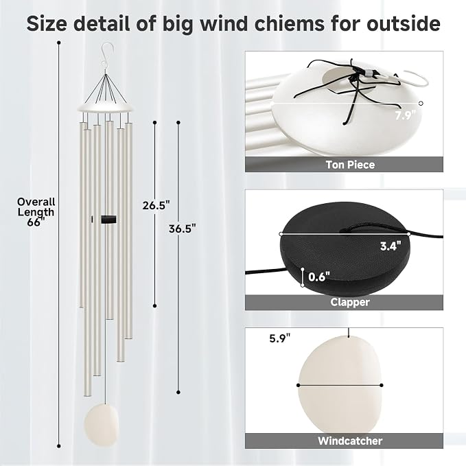 66" Extra Large Wind Chimes for Outside Deep Tone,6 Thick and Bold Aluminum Tubes Tuned Relaxing Melody Wind Chime,Big Wind Chimes for Garden Patio Decor,Great Gift Idea for Mother's Day (Milky White)