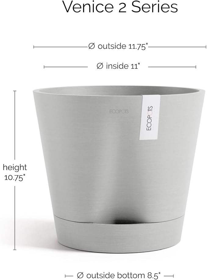 Ecopots Venice 2 Durable Modern Round Indoor/Outdoor Recycled-Based Composite Flower Pot Planter w/Water Reservoir, White Grey, 12"