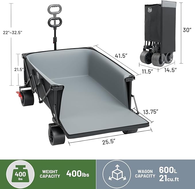 Timber Ridge 600L Beast Wagon 55.25" L Folding Cart with w/Big Wheels | Cargo Net & Tailgate, 26" W Extra Wide, 500lbs Heavy Duty All Terrain Collapsible Carts for Camping,Sports, Dogs, Grey